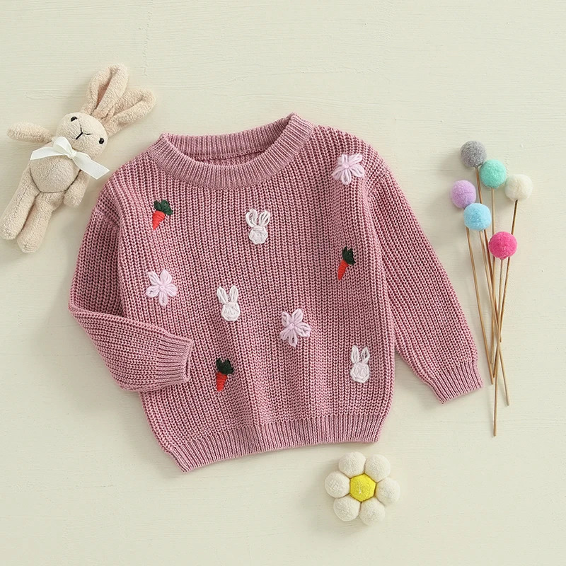 FOCUSNORM 0-4Y Little Kids Girls Knit Easter Sweater 2 Colors Long Sleeve O Neck Rabbit Carrot Embroidery Pullover Knitwear Tops 250725