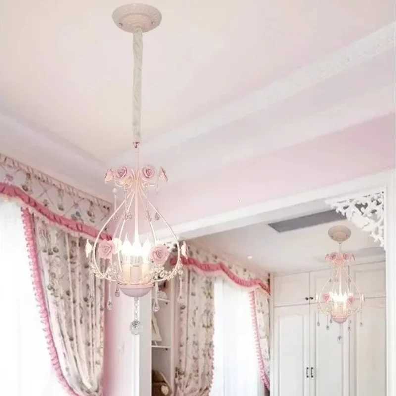 Pink Rose Bouquet Crystal Ceiling Chandelier Girls Bedroom Decorative Light Romantic Warm Children Princess Room Hanging Light XJ250725