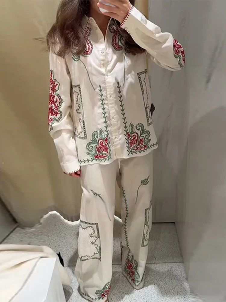 Print Womens Two Piece Suit Turn-down Collar Full Sleeve Single Breasted Top Loose Straight-leg Pants Chic Lady Casual Outfits 250723