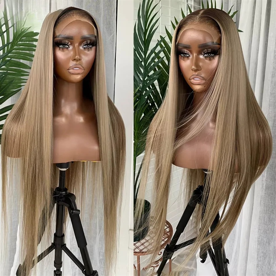 Brown Roots Ash Blonde Straight 13X4 Lace Frontal Human Hair Wigs For Women HD Lace Wig Transparent Lace Closure Lace Front Wig Synthetic