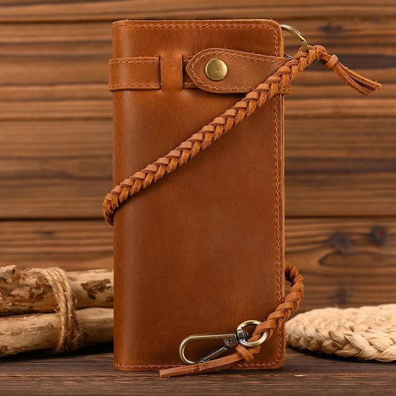 Fashionable Long Wallet With Braided Strap Genuine Leather 2 Folds Cell Purse Coin Inner Zip Clutch Phone Pouch