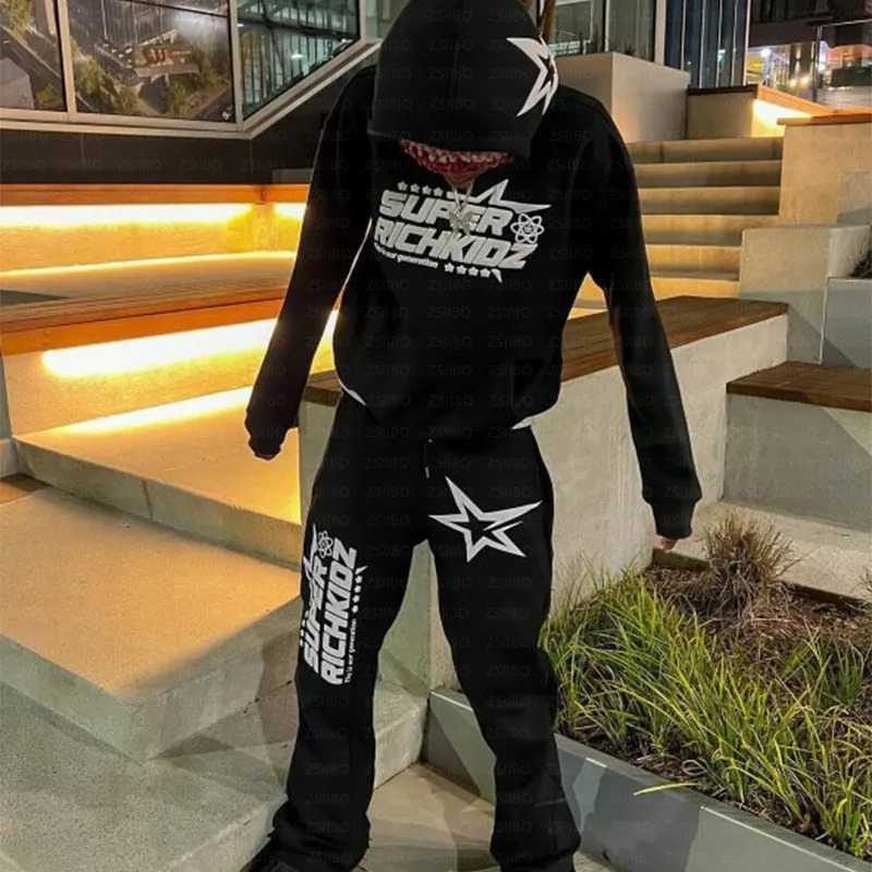 2000s Retro Black Foam Print Pattern Hoodie Retro Grunge Goth Jacket Coat Gothic Set Clothing Sweatpants Emo 250723