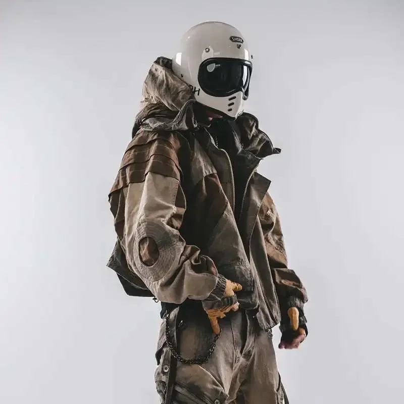 Mens Hooded Distressed Patchwork Folded Jackets Waste Soil Style Tactical Techwear Shoulder Batwing Sleeve Coat 250725