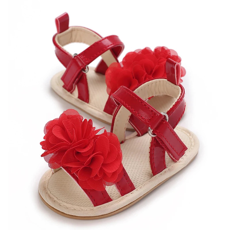 Summer Baby Girl Sandals Red Festive And Cute Flower Shoes Soft Rubber Soles Comfortable Casual Walking Shoes 250725