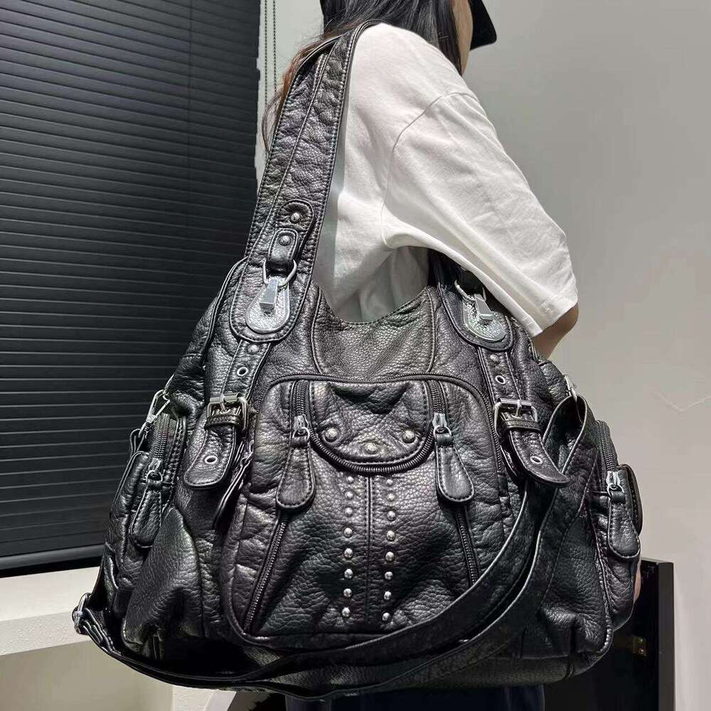 Women's Fashion Y2K Hot Girl Washed Vintage Motorcycle Large Capacity Designer Trendy Shoulder Bag