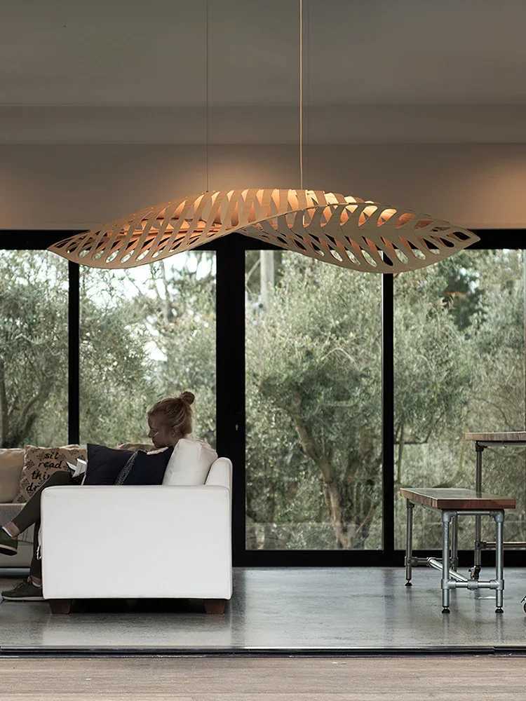 Nordic Wabi Sabi Fish Bone Wood Ceiling Pendant Light Home Decor Living Room LED Chandelier Bar Cafe Hanging Lamp Lustre Fixture XJ250725