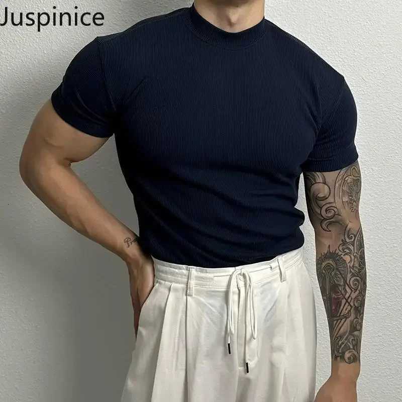 Summer Half Turtleneck Large Size Short-sleeved T-shirt Mens Elastic Casual Simple High Street Personality Tops Male Clothes Z250725