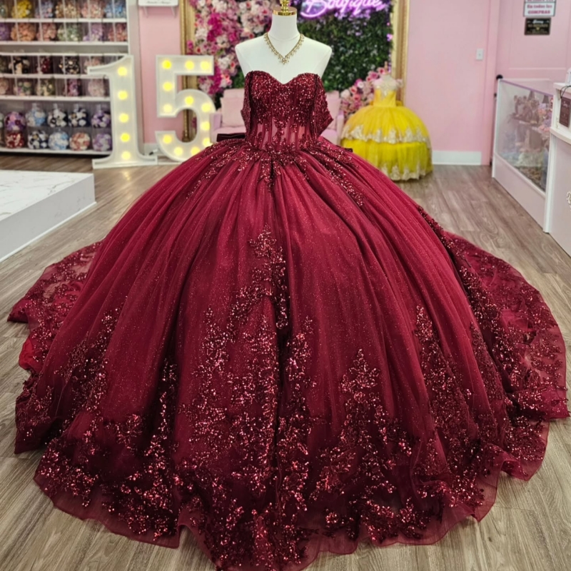 Red Shiny Quinceanera Dresses Ball Gown Off The Shoulder Applique Lace Bow Beading Party Birthday Sweet 16 Dress Vestidos 15 Anos