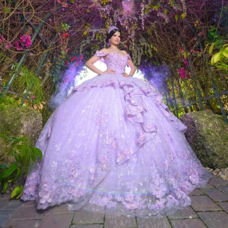 Lavender Quinceanera Dresses Ball Gown Off The Shoulder Sequin Applique Flower Beads Tull Corset Party Birthday Sweet 16 Dress Vestidos 15 Anos