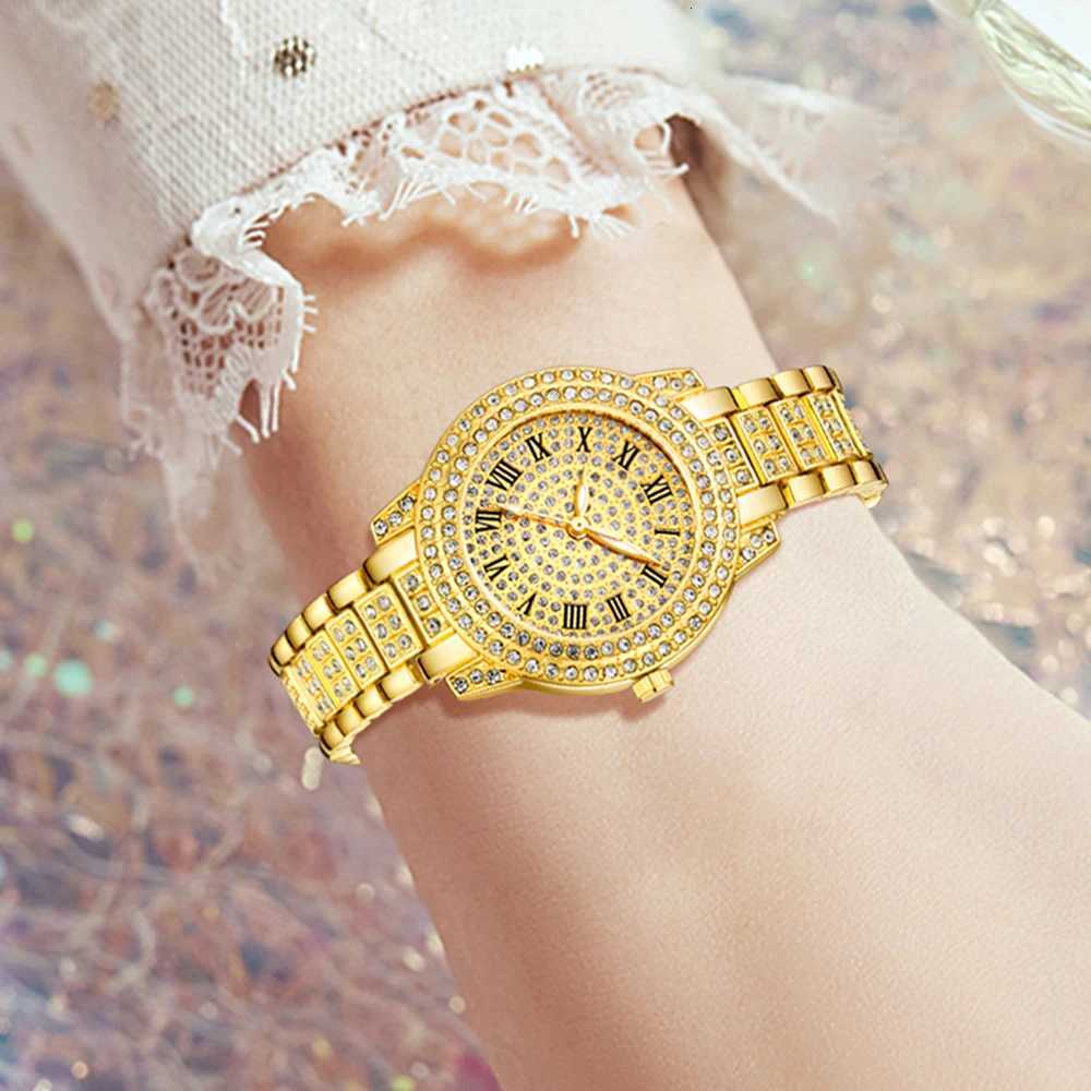 2PCS Golden Luxury Womens Watch Set Trendy Fashion Ran Digital Sc Dial Quartz Watch Bracelet Set Perfect Gift for Her X250726
