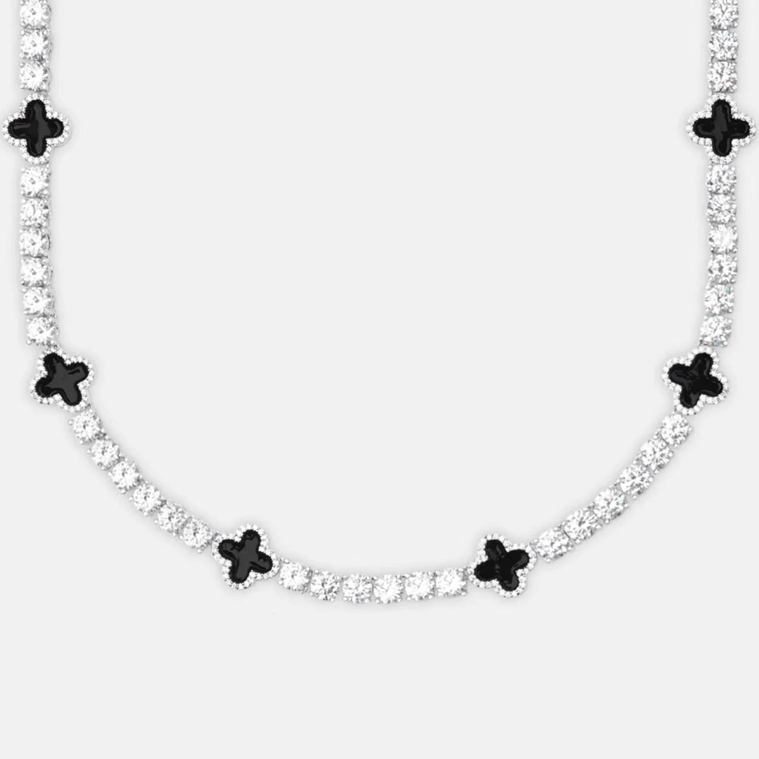 VVS Moissanite Tennis Chain with Black Agate Clover Leafs Iced Out Moissanite Necklace Officiant Gift Anniversary Gift