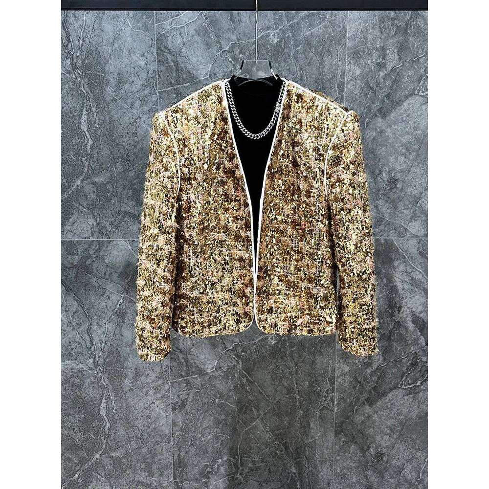 2024 New Fashion Coats High-End Sequined Long-Sleeve Small Fragrant Loose Jacket Trendy Men's Solid Color Short Jackets