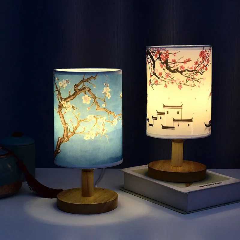 LED Table Lamps Decoration Plum Blossom Desk Dimmable EU Plug Night Light Chinese Style Simple Fabric Bedroom Bedside Lights XJ250725
