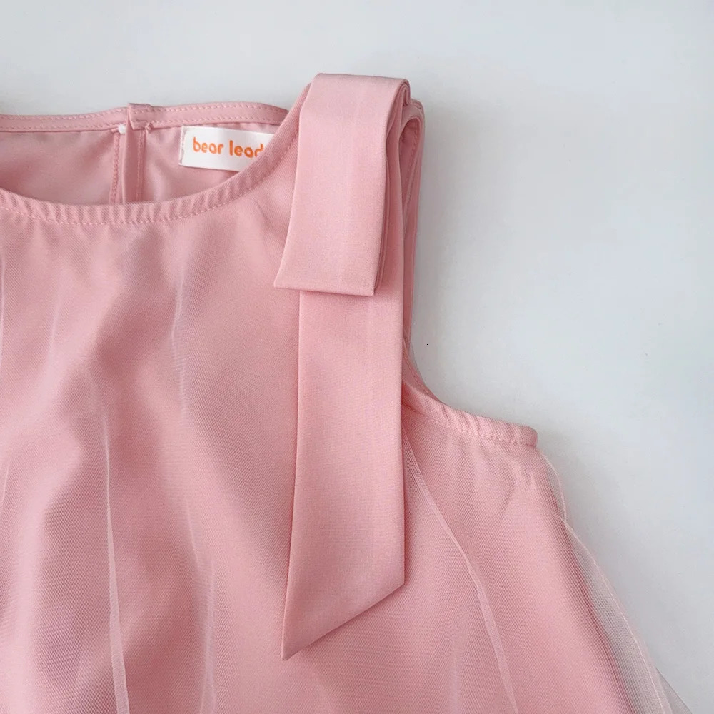 Pink Dreamy Sweet Girl Fairy Princess Dress Sleeveless with Bow Decoration Mesh Lace Childrens Casual Clothes Birthday Party Summer 250725