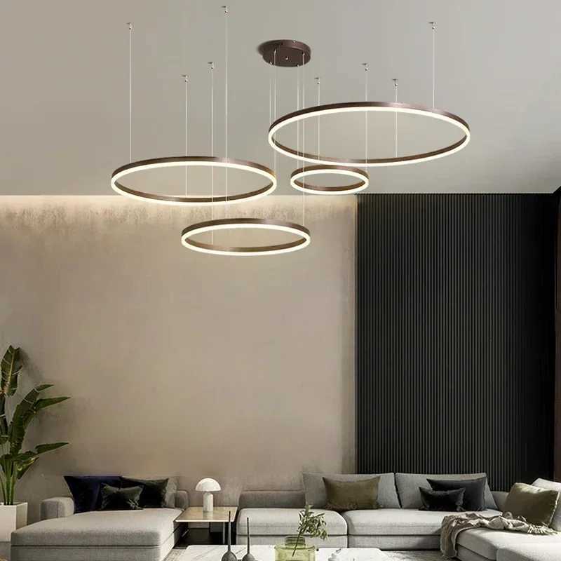 Modern LED Pendant Lights Home Lighting Brushed Rings Ceiling Mounted Chandelier Round Hanging Lamp Gold Coffee Color Lustre XJ250725
