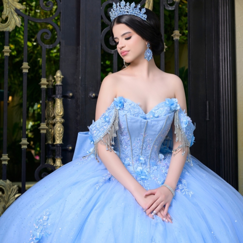 Sky Blue Quinceanera Dresses Ball Gown Off The Shoulder Applique Flower Beads Bow Tull Corset Party Birthday Sweet 16 Dress Vestidos 15 Anos