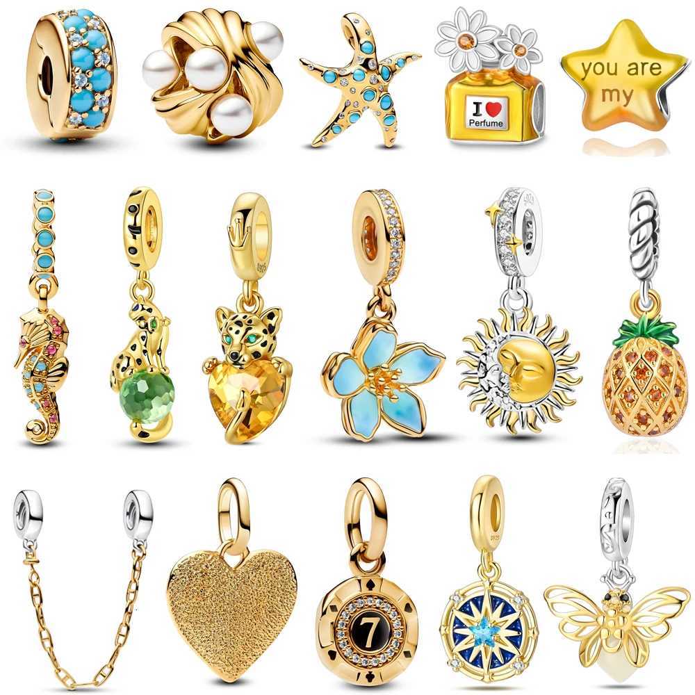 925 Sterling Silver Sparkling Blue Starfish Beads Seahorse Dangle Charm Fit Snake Bracelet Boutique Necklace Gold Pendant Gift XJ250726