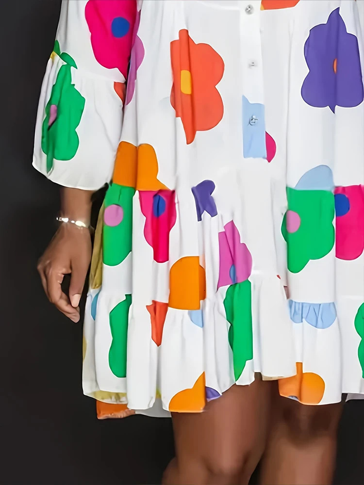 Plus Size 2024 Autumn Floral Printed Womens Dresses Casual Loose Button Fashion Streetwear Polyester VNeck Pleated 250717