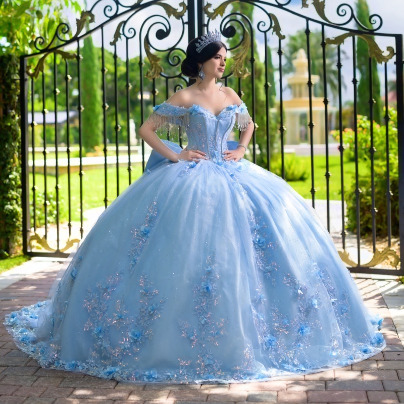Sky Blue Quinceanera Dresses Ball Gown Off The Shoulder Applique Flower Beads Bow Tull Corset Party Birthday Sweet 16 Dress Vestidos 15 Anos