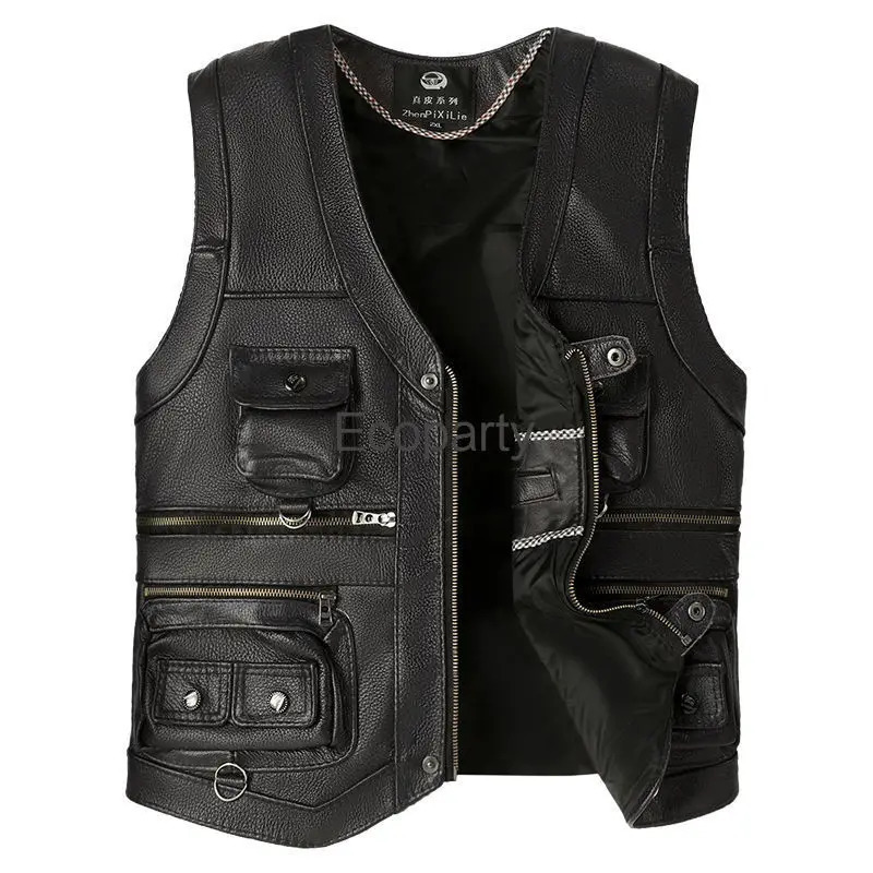 2024 Autumn Winter Leather Vest Mens Zipper Waistcoat Steampunk Sleeveless Motorcycle Jackets Casual Multiple Pockets Coat 250725