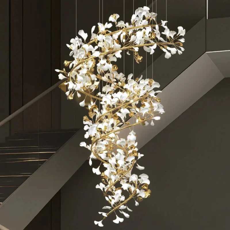 Modern Luxury Loft Ginko Leaf Chandelier for Duplex Staircase Villa Hotel Lobby Artistic Large Long Ginko Leaf Pendant Lamp HallXJ250725