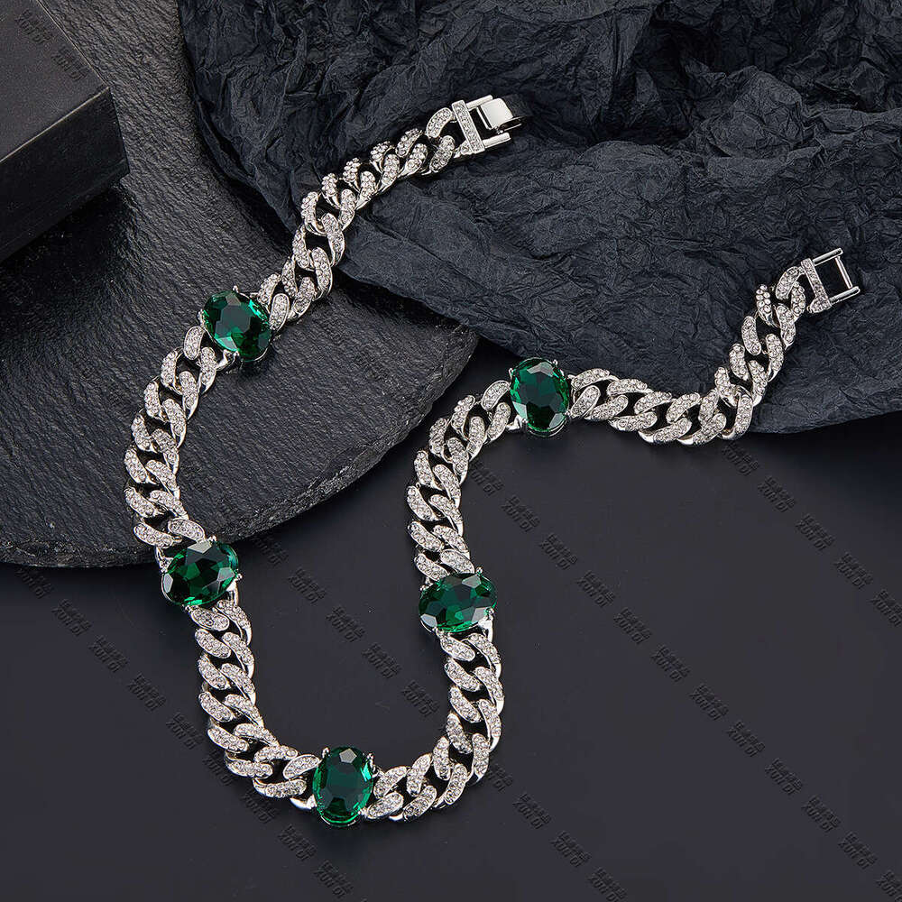 New Hip-Hop Alloy Rhinestone Luxurious Versatile 13mm Emerald Cuban Chain Necklace Special