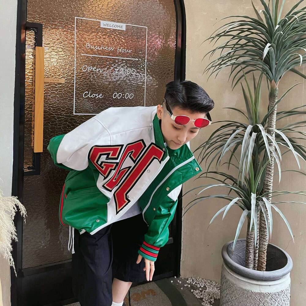 Men's And Women's 2025 Spring New Contrast Color Embroidery Handsome High Street Faux Coats Stand Collar Leather Jacket