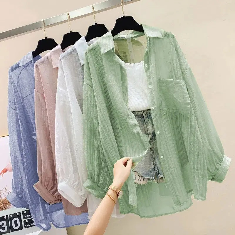 Summer Sunscreen Shirt Elegant Perspective Thin Chiffon Blouse Korean Harajuku See Through Loose Top Casual Womens Cardigan 250717