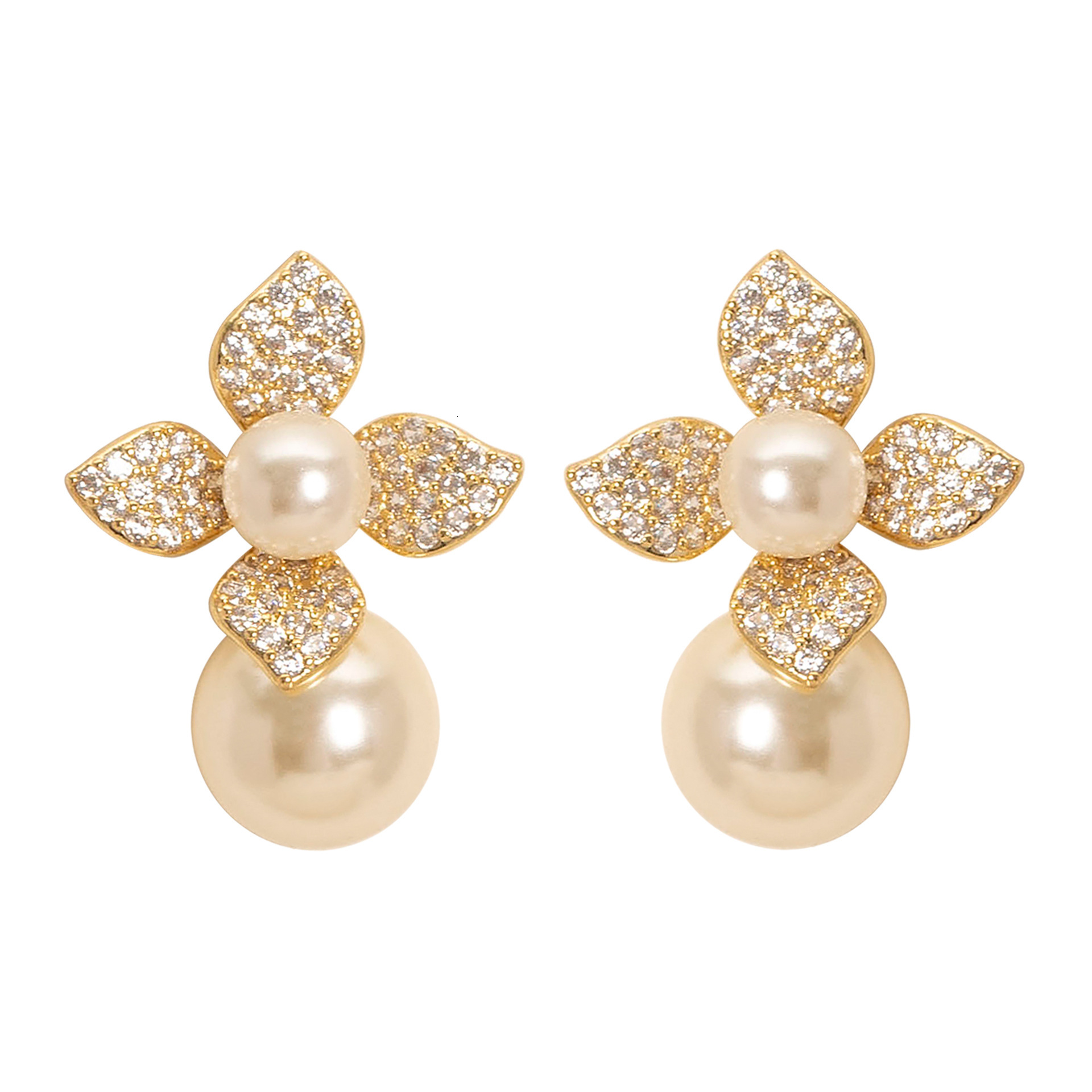 French Elegant Exquisite Fresh Full Dia Petal Flower Pearl Stud Earrings Light High-end Sier Needle Ear Jewelry