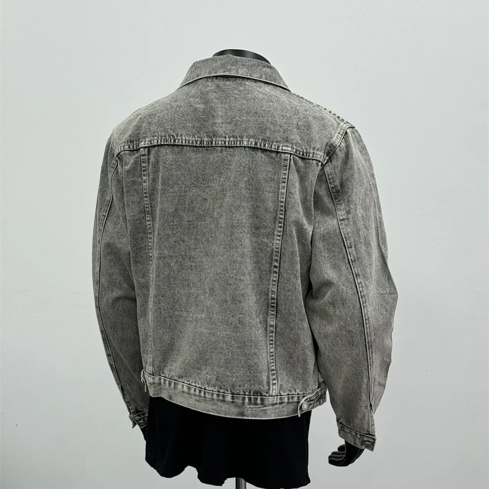 Autumn American Style Trendy Vintage Washing Distressed Denim Jacket Lapel Cropped Gray For Men Thin Regular Cut 250725