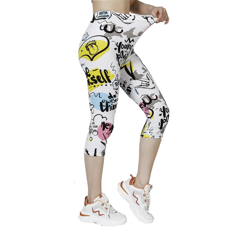 K471 Summer s Leggings White Yellow Letters Cloud Printed Soft and Elastic Casual Sportswear for Women 250725