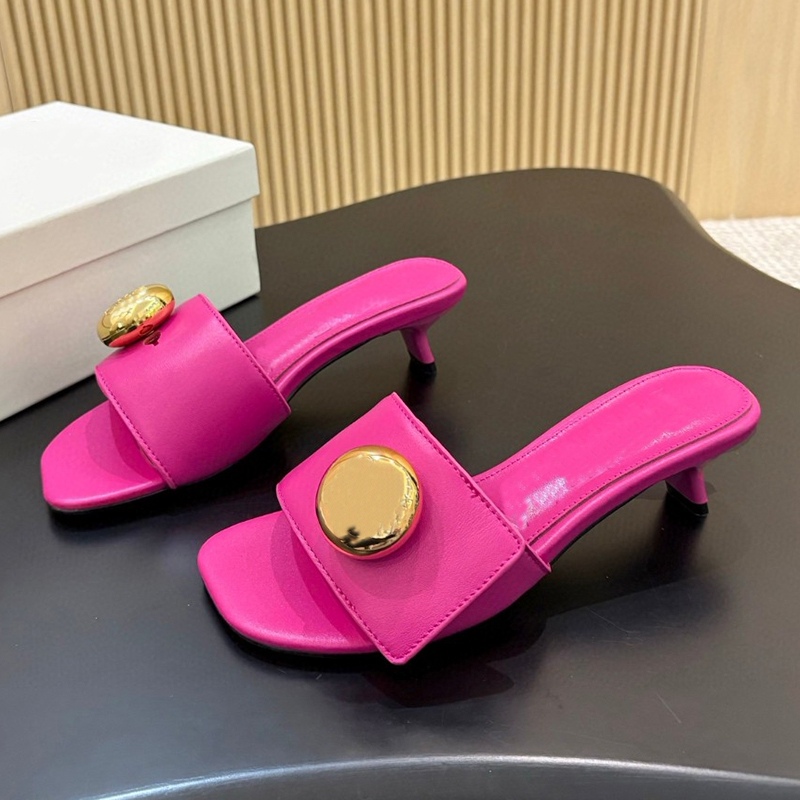 Summer metal round buckle decorative high-heeled slippers, classic and fashionable square toe high-heeled sandals, luxurious designer women's outdoor beach shoes