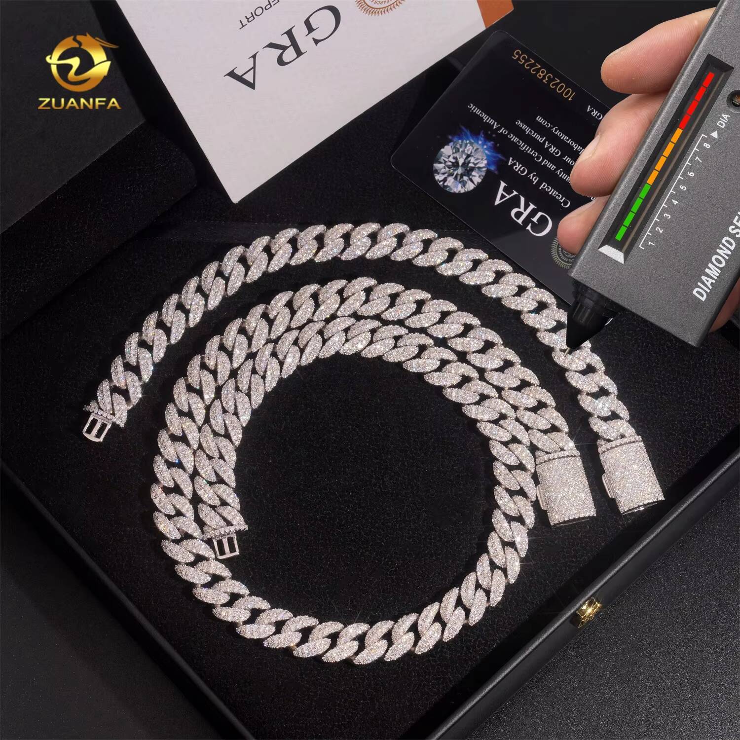 Hot Sale Moon Shape Hip Hop Jewelry Iced Out 12mm Sliver 925 Lab Diamond Moissanite Cuban Link Chain
