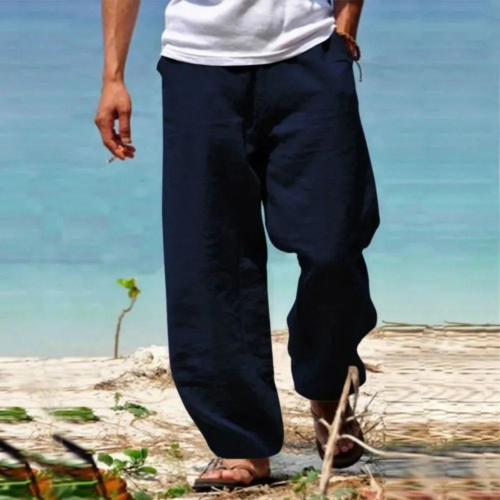 Mens Beach Pants Breathable Loose Straight Trousers Male Summer Casual Solid Color Japanese Streetwear 250724