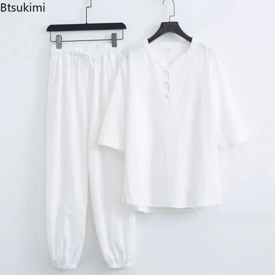 Mens Cotton Linen Sets Chinese Style Solid Short Sleeve Pants Two Pieces Traditional Clothes Kung Fu Uniform Tang Suit Male 250724