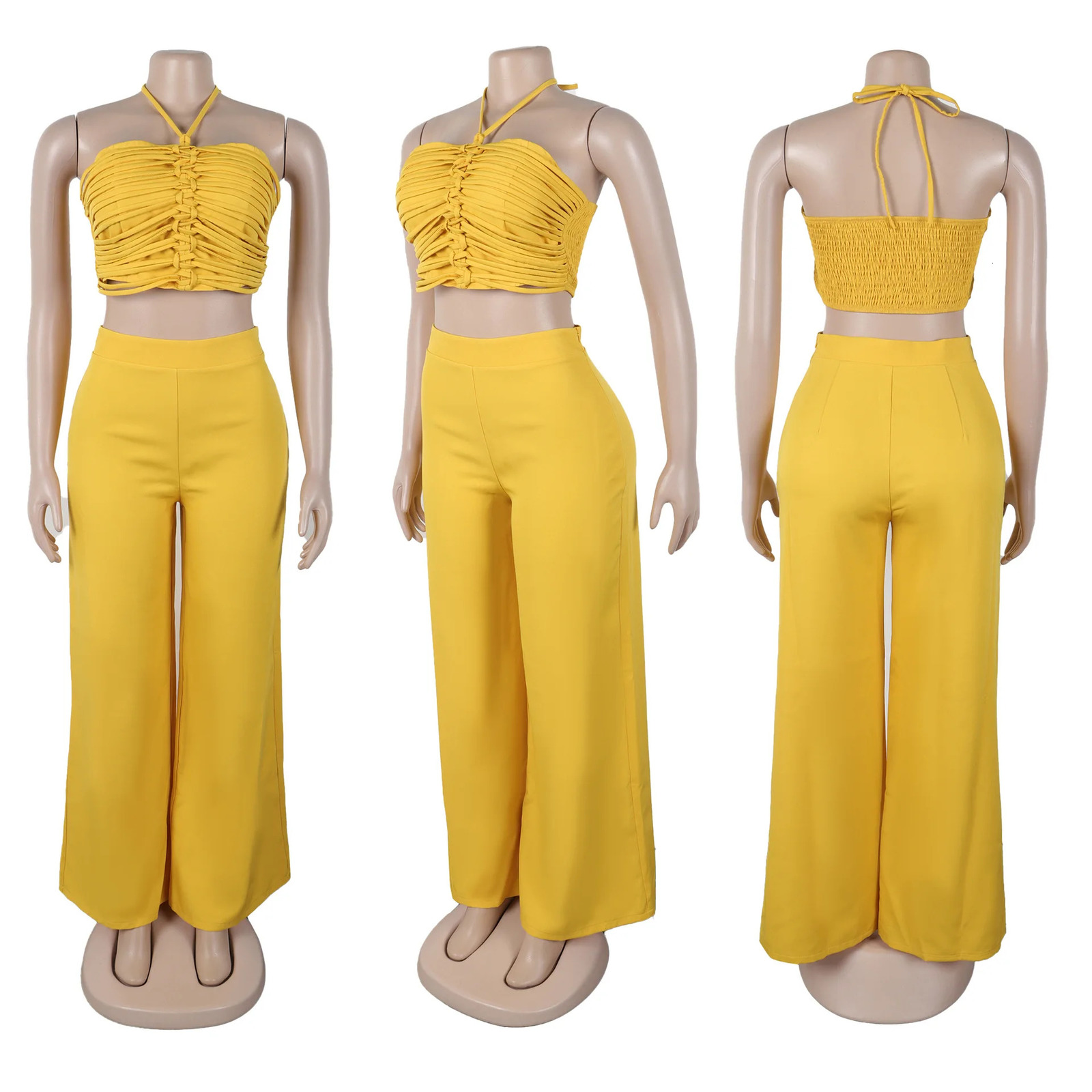 100% Cotton Womens Set Strapless Ruched Halter Top and Wide Leg Pants Suits Street Party Two 2 Piece Sets Outfits Tracksuit 250723