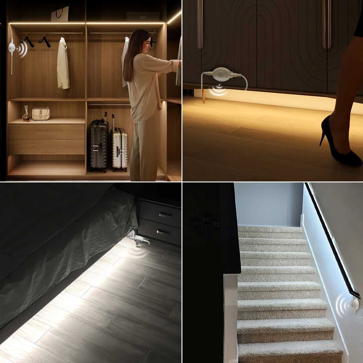 Wireless PIR Motion Sensor LED Under Bed Night Light 12V LED Light Strip Kitchen Cabinet Bedroom Stairs Hallway Emergency Lamps XJ250725