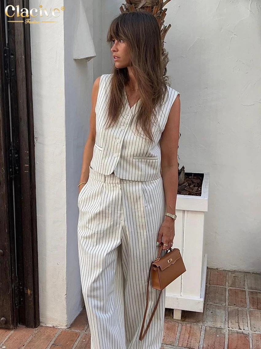 Clacive Fashion Loose Stripe Print Pants Sets for Women 2 Pieces Elegant Sleeveless Tank Top with High Waist Wide Trousers Suits 250723