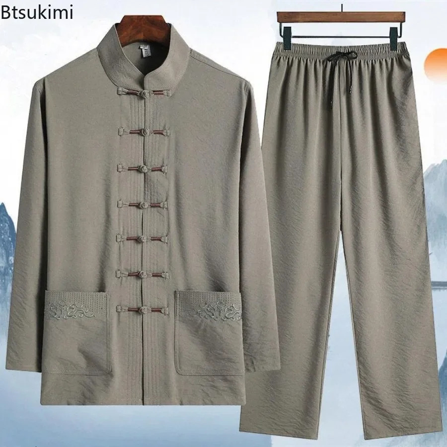 Traditional Chinese Style Men Ice Silk Two Pieces Spring Summer Thin Stand Collar Tops Pants Hanfu Tang Suit Man Embroidery Sets 250724