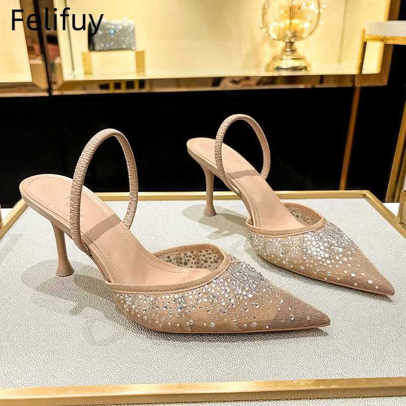 Sexy Rhinestone High Heels Women Fashion Designer Sandals Party Dress Bridal Shoes Mesh Glitter Pointed Toe Muller Pumps Women Z250725