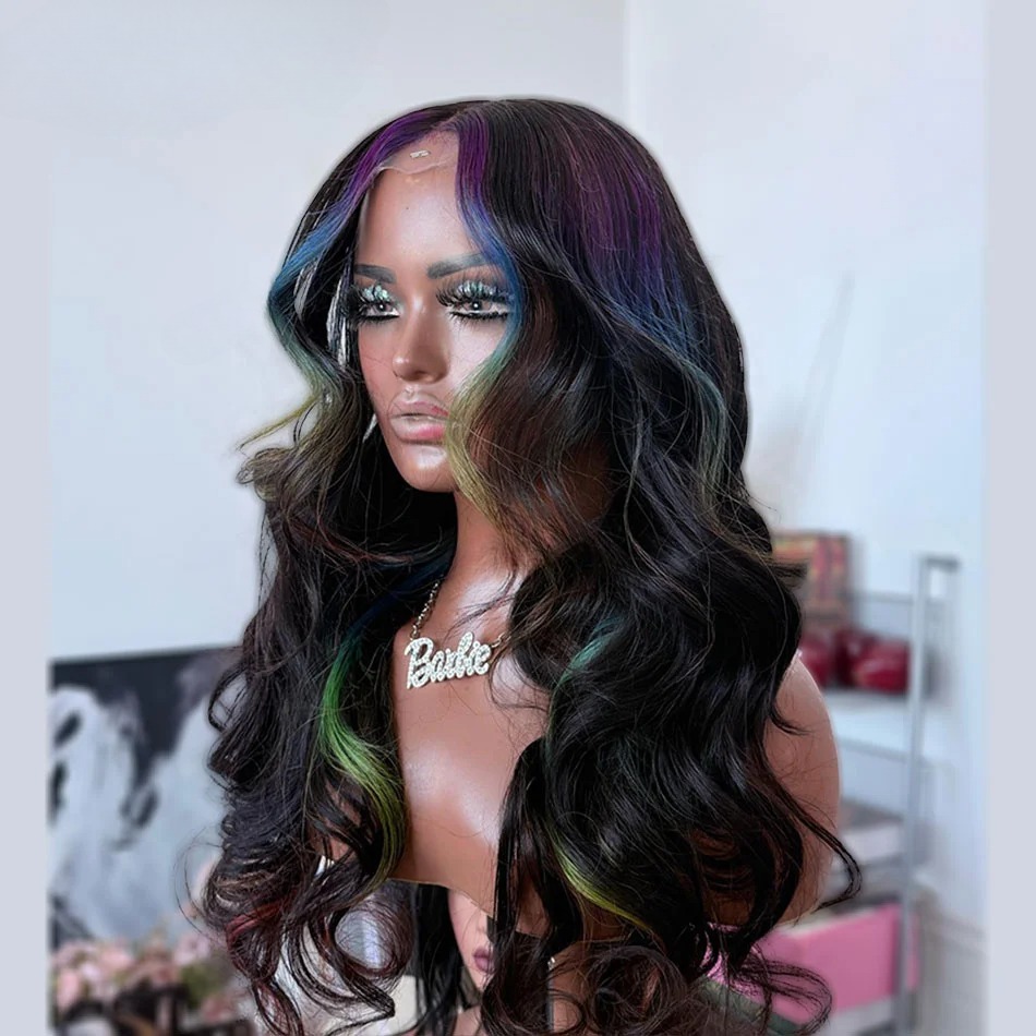 Highlight Ombre Purple Blue Green Multicolor 13x4 Transparent Lace Frontal Wig Synthetiv Body Wave PrePlucked Ready Go Closure Wig pelucas de mujer