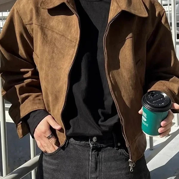 Retro Brown Suede Jacket Mens Spring Autumn Short Flight V-neck Casual Outerwear Vintage Style Male Fashion Coat 250725