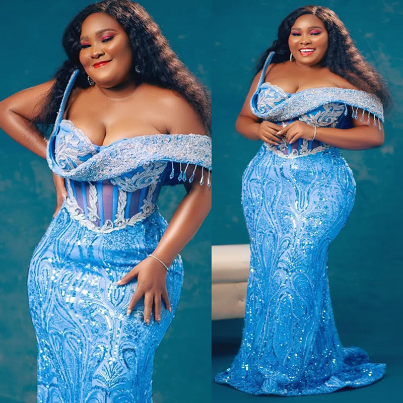 2025 Plus Size Blue Prom Dress Evening Dresses Mermaid Formal Gowns For Black Women One Shoulder Pearls Beaded Lace Birthday Dress Second Reception Go