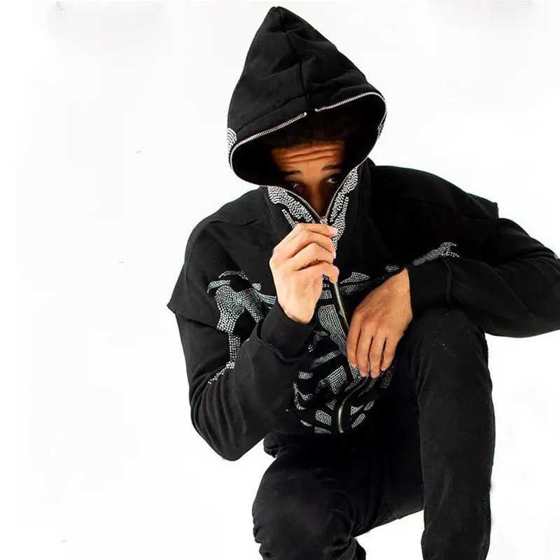Full Zip Up Hoodie Rhinestone Skeleton Goth Sweatshirt Sport Couple Outfit Black Long Sleeve Oversized Grunge Y2k Hip Hop Jacket XJ250726 - view 5