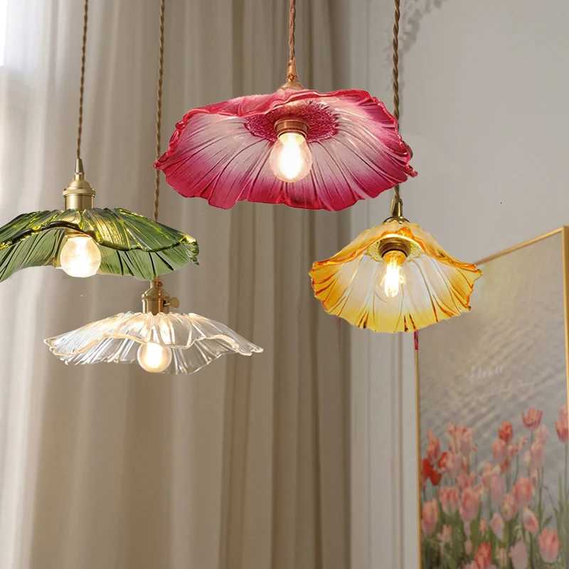 Flower Glass Pendant Lamp Copper Ceiling Chandelier Single Head Pendant Light Bedroom Lamp Hanging Light Luminaria Home Decor XJ250725