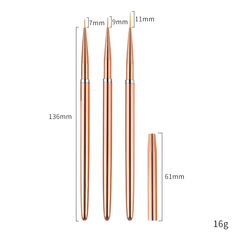 Rose Gold 3Pcs/set Nail Art UV Gel Liner Painting Brushes Drawing Flower Striping n Manicure Tools Kits 7/9/11mm 250716