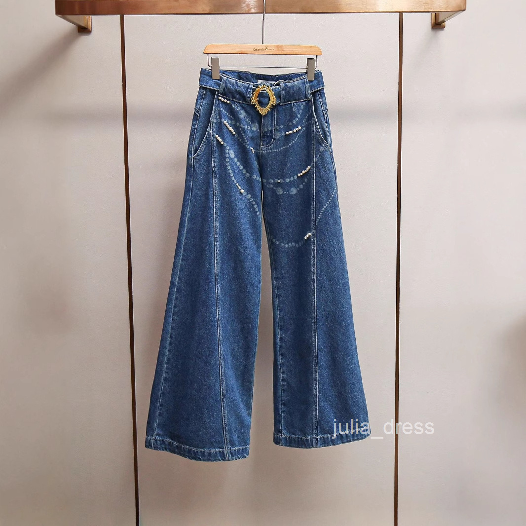 Womens Fashion Modern Pearl Chain Denim Jacket + Wide-Leg Pants + Skirt
