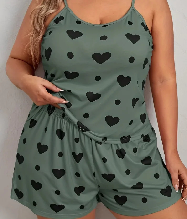 Plus Size Heart Print Women Pajama Set Sleeveless O Neck Crop Top Elastic Waist Shorts 2 Pieces Female Sleepwear Nightwear 250717