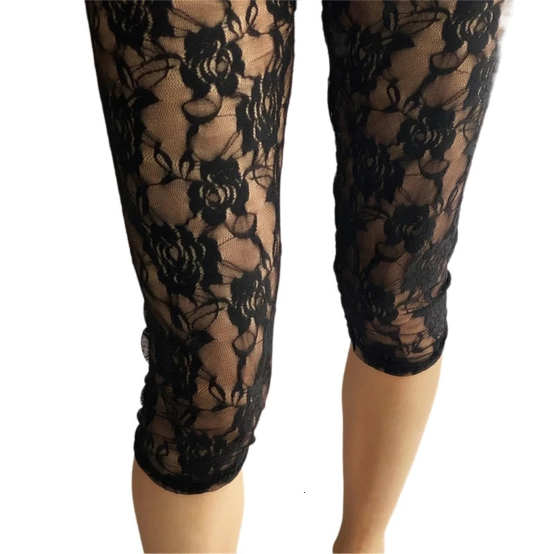 F42F Women Hollowed Out Mesh Shorts Cropped Pants High Waist Sheer s Leggings See Through Flower Lace Tights Underpant 250725