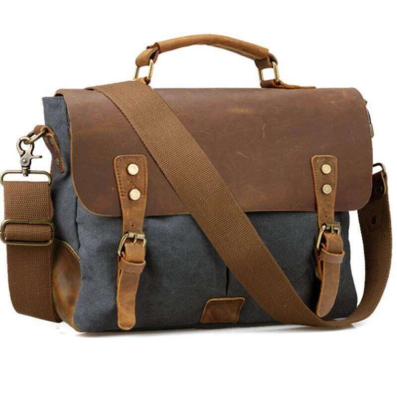 OLOEY Vintage Leather + Canvas Business Portfolio men office bag male canvas briefcase attache case document tote